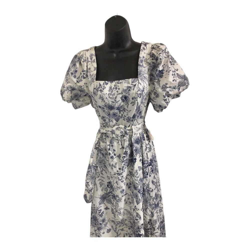 Cream‎ blue floral puff sleeve belted smocked square neck nap dress size medium - Picture 17 of 17
